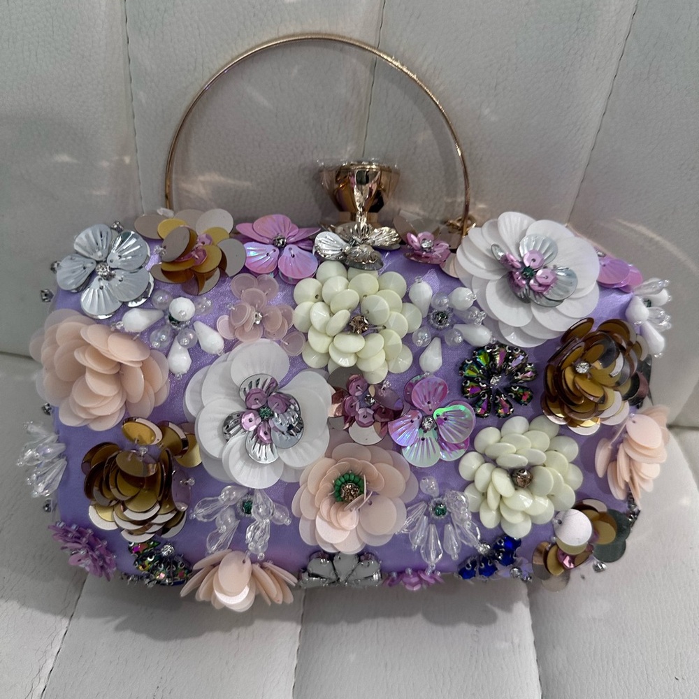 NWT! bebe Daisy Clutch - Purple Satin and Bead & Sequin Embellished